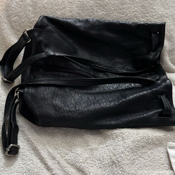 Vintage Black Leather Backpack Drawstring Sack Style Back Zip Pocket Distressed main image 12